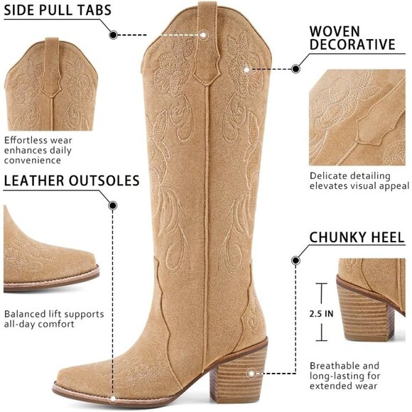 Women's Beige Knee High Cowgirl Western Boots Pointed Toe Chunky Block Heel - Picture 4 of 6